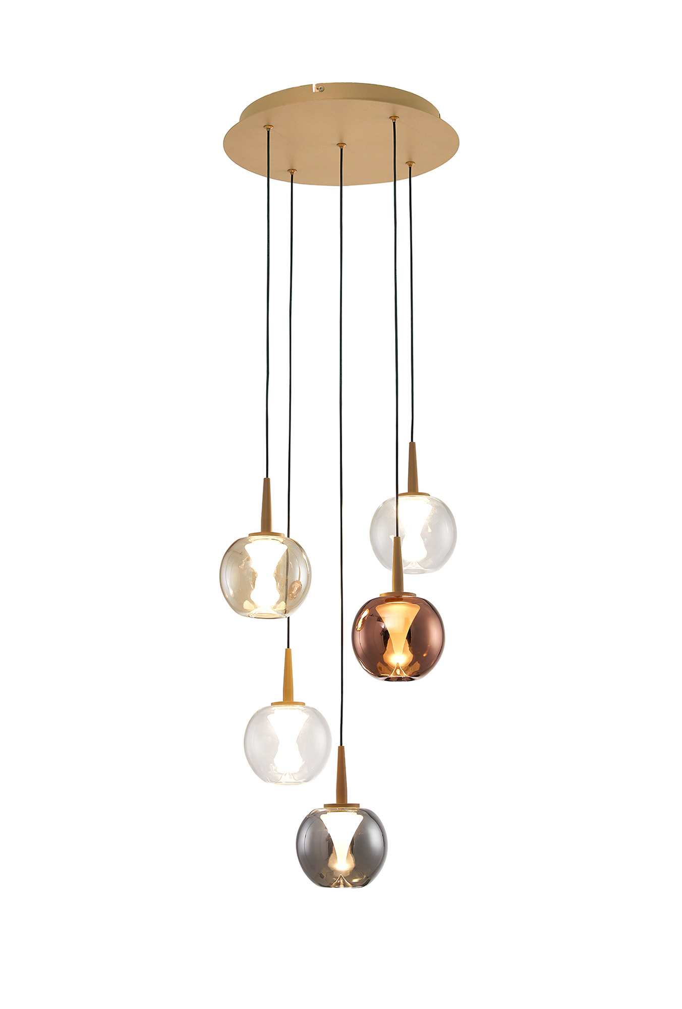 M9080  Andromeda 39cm Round Pendant, 5 x 5W LED, 3000K, 2500lm, Light Gold/Copper/Chrome/Amber/Clear/Frosted 3yrs Warranty